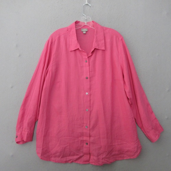 J Jill Top Plus 1X Pink 100% Linen Lagenlook Career Office Timeless Button Up‎ - Picture 1 of 10